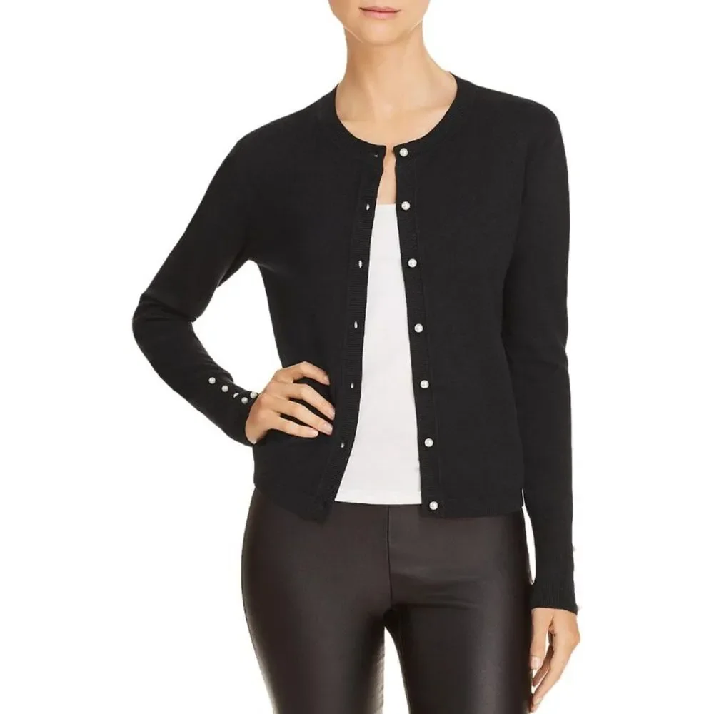 Aqua Womens Black Pearl Button Down Knit Cardigan Sweater Top NWOT